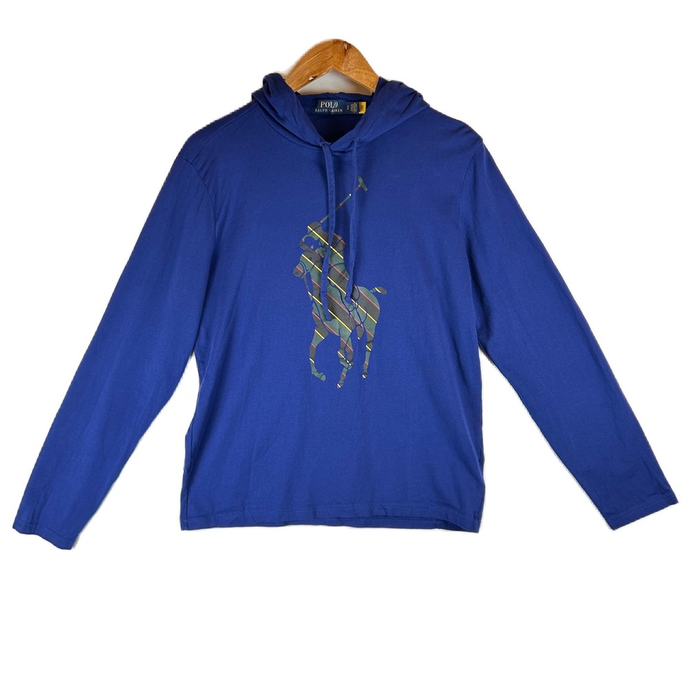 Polo Ralph Lauren‎ Mens Blue Striped Big Pony Graphic Hooded Long Sleeve Tee S